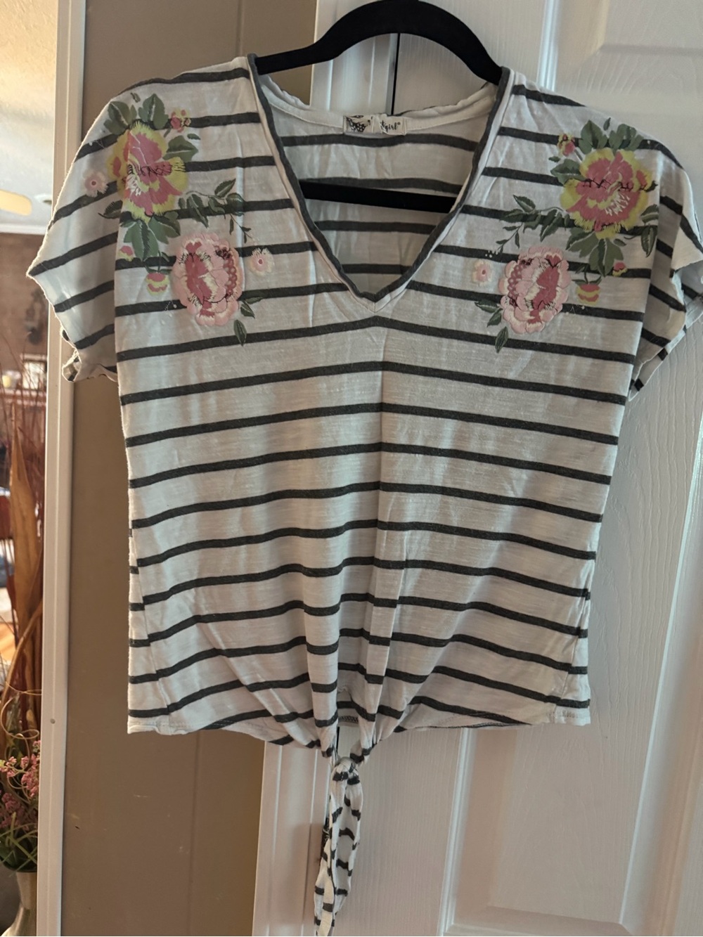 About A Girl White Striped V-Neck Tie Front Top with Pink Floral